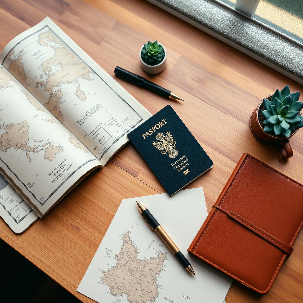 Travel advisor's desk with open world atlas, passport, leather journal, and fountain pen